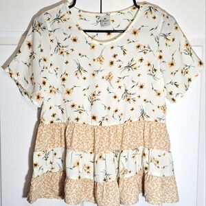 Paper Crane Women Tiered Sunflower Print Shirt Small Yellow Summer Boho Festival